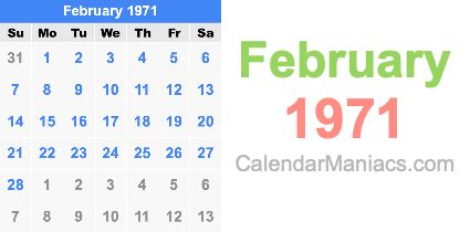 Calendar Feb 1971